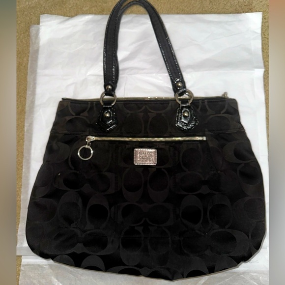 Coach Poppy Signature black Sateen Glam Tote Shoulder Purse Bag - Picture 1 of 14